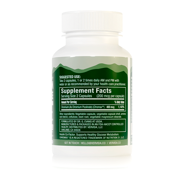 Chromium Picolinate supplement facts - 200mcg per capsule for GLP-1 medication support. Wellbeing living brighter.